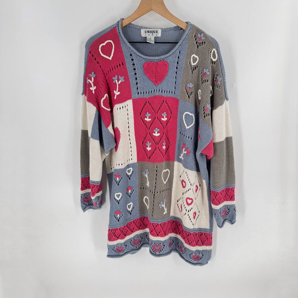 Vintage 90s Heart Sweater XL Pink Floral Patchwork Oversized Cottagecore Knit